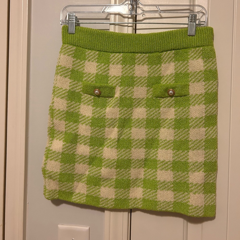 Mango NWT Green and Cream Checkered Mini Skirt